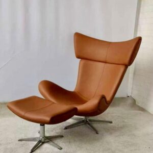Mid-Century Modern Swivel Leather Wingback Lounge Chair with Ottoman